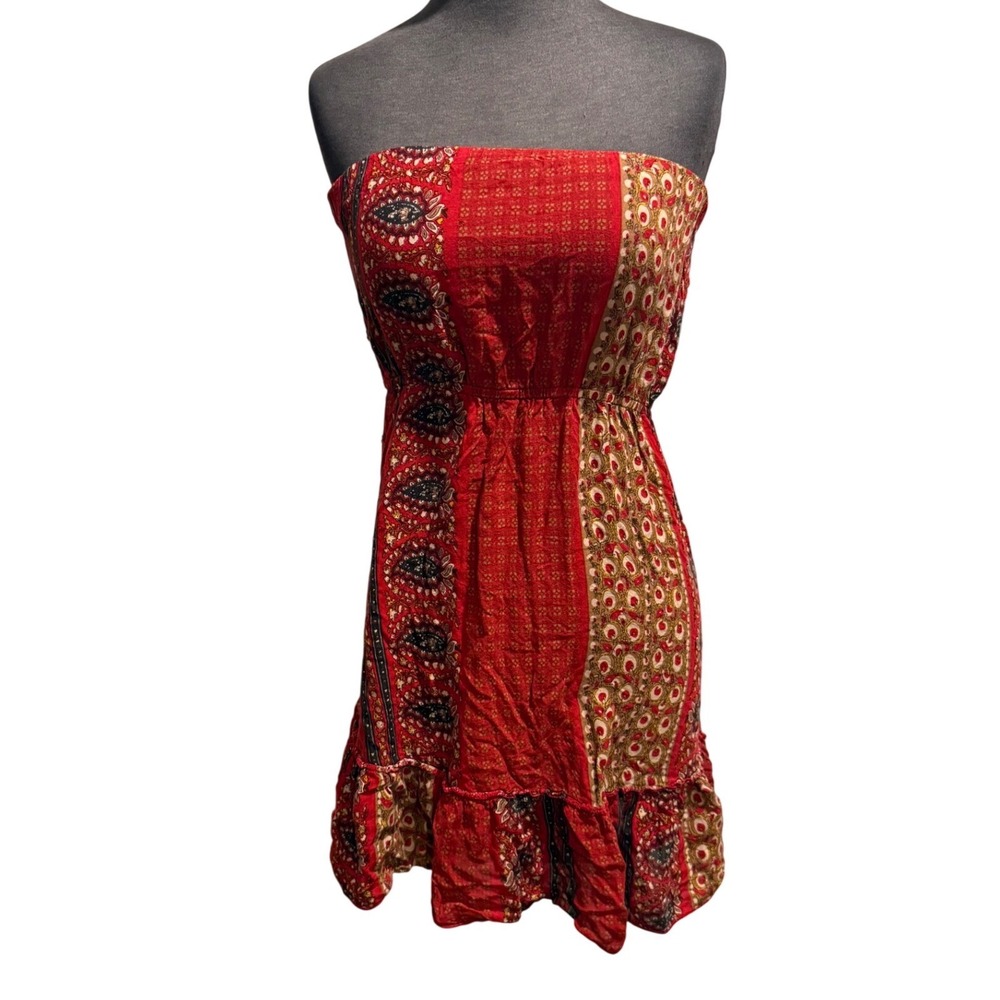 Mine Red Patchwork Paisley Strapless Smocked Mini Dress Small TS116